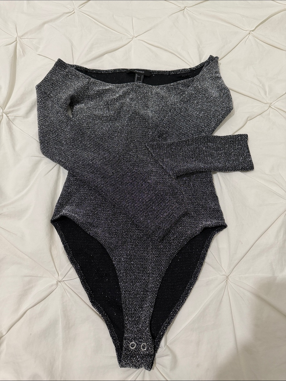Forever 21 Girls' Shimmery Black Long-Sleeve One-Piece Bodysuit